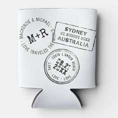 a white can cooler with stamps on it