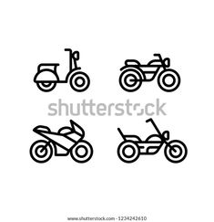 four different types of motorbikes on a white background, black and white line art