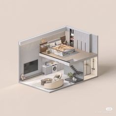 a model of a bedroom and living room in a small house with an open floor plan