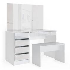 a white desk with two drawers and a mirror