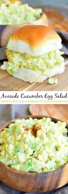 avocado cucumber egg salad in a wooden bowl and on a cutting board