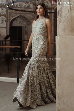 Buy Pakistani Bridal Dresses-Latest Pakistani Fishtail Dress For Bride Online-Pakistani Bridal Wear With Dabka, Nagh, Zari, Embroidery, Patch Work In USA, UK, Canada, Australia Visit Now : www.NameerabyFarooq.com or Call / Whatsapp : +1 732-910-5427 Mehndi Dress Bridal, Trail Gown, Gown Pakistani, Mehndi Design Bridal, Asian Bridal Wear, Dress For Bride, Bridal Mehndi Dresses, Haldi Outfits, Walima Dress