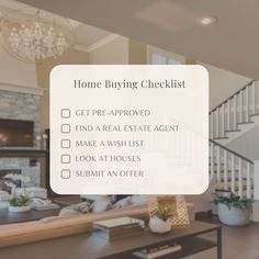 the home buying checklist is displayed in front of a living room and kitchen area