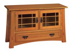 a wooden cabinet with glass doors and drawers