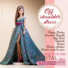 a barbie doll wearing a blue dress with pink flowers on it and the words, off shoulder dress