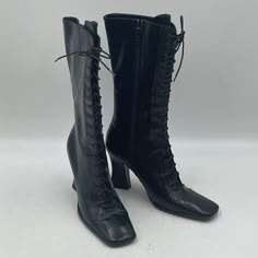 Brand New Black Lace-Up/Side Zipper Heeled Boots Size: 39 1/2 Lace Up Heel Boots, Tall Heeled Boots, Victorian Boots, Shoes Prada, Zipper Heels, Shearling Boots, Leather Riding Boots, Black Boots Women, Brown Leather Boots