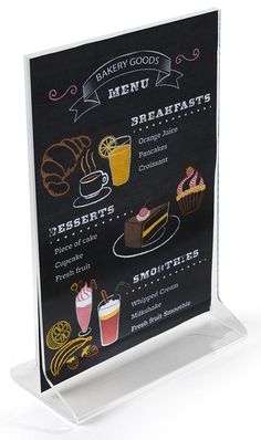 a blackboard sign with different types of desserts and drinks on it's side