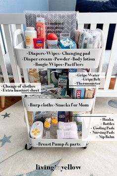 the baby changing table is full of diapers, wipes and other items