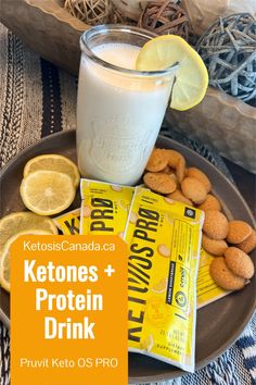 ketones and protein drink on a plate with lemons