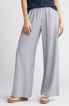 Caslon® Stripe Wide Leg Linen Blend Pants | Nordstrom Ankle-length Pants With Vertical Stripes For Summer, Vertical Stripes Ankle-length Summer Bottoms, Summer Vertical Stripe Ankle-length Bottoms, Summer Ankle-length Pants With Vertical Stripes, Spring Relaxed Fit Bottoms With Vertical Stripes, Striped Linen Pants With Elastic Waistband, Chic Vertical Stripes Loungewear Bottoms, Striped Wide Leg Ankle-length Pants With Elastic Waistband, Spring Striped Ankle-length Wide Leg Pants