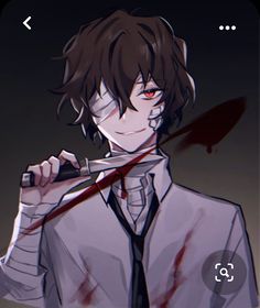 an anime character with blood on his face holding a knife