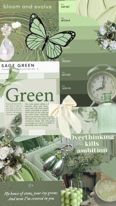 a collage of green and white images with flowers, butterflies, clocks and other things