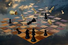 the chess board is surrounded by pieces of black and white in the sky with clouds