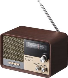 an old style radio is shown with a wooden case and antenna on the front side