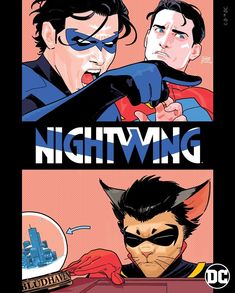 the cover to nightwing, featuring two men in cat costumes and one man with black hair