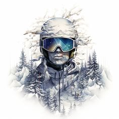 a man with ski goggles and snow covered trees