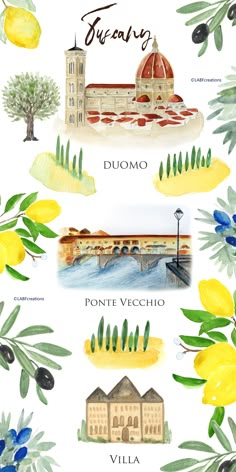 watercolor illustrations of different buildings and trees