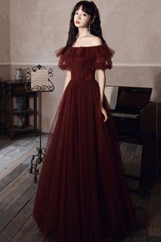 Off Shoulder Tulle, Elsa Art, Prom Dress Burgundy, Tulle Long Prom Dress, Burgundy Evening Dress, Burgundy Dresses, Lace Summer Dresses, A Line Evening Dress, Prom Ball Gown