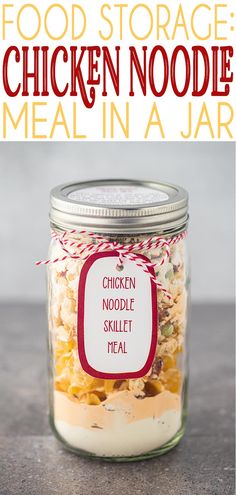 chicken noodle skillet in a jar with text overlay that reads gift idea in a jar