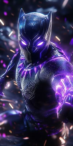 an image of a black panther with purple lights on it's chest and arms