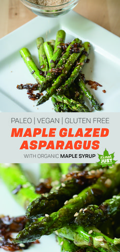 grilled asparagus on a plate with balsami glaze and maple syrup