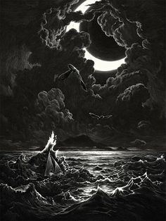 a black and white drawing of a person in a boat on the ocean at night