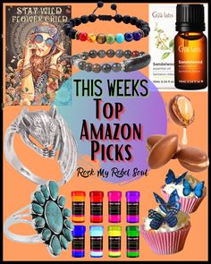 These are my top favorite Amazon products this week! Bohemian Jewelry, Aromatherapy diffusing braclets, essiential oils for skin & aroma, edible butterflies, glow in the dark paint to make outddor mandala dot art on rocks for your garden. Bat ring, turqouise boho rings,  abloodstone bracelet for circulation. Plus a hippie chick, flower power, stay wild flower child sign! Dot Art On Rocks, Art On Rocks, Top Amazon Finds, Edible Butterflies, Edible Butterfly, Bat Ring, Mandala Dot Art, Glow Paint, Dark Paint