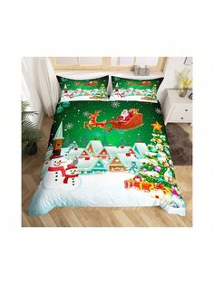 a christmas themed bed set with santa claus and snowman on the night before christmas