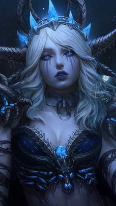 a woman with horns and blue eyes is dressed up as a horned princess in the dark