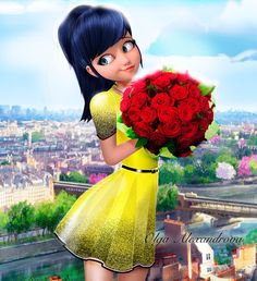 a girl in a yellow dress holding a bouquet of red roses with the eiffel tower in the background