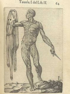 an old book with a drawing of a man holding a knife and standing next to a demon