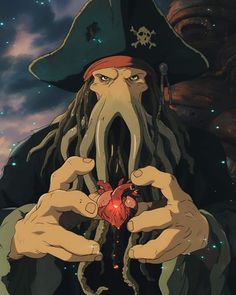 a man with long hair and beard holding a heart in his hands while wearing a pirate hat