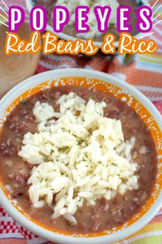 red beans and rice in a white bowl on a colorful tablecloth with text overlay