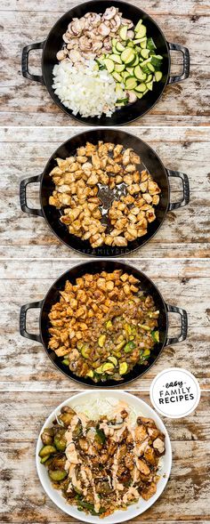 three pans filled with different types of food on top of a wooden table next to each other