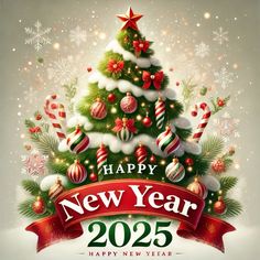 a happy new year card with a christmas tree