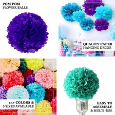 four different types of paper flowers in various colors and sizes, with instructions to make them