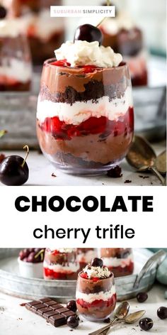 chocolate cherry trifle dessert with whipped cream and cherries