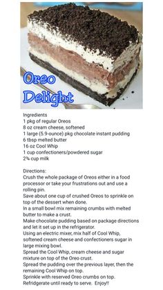 a recipe for an oreo delight cake