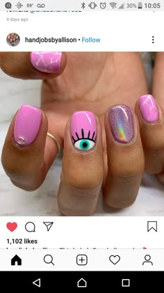 Pink Evil Eye Nails Short, Evil Eye Nail Designs For Short Nails, All Seeing Eye Nails, Short Gel Nails Evil Eye, Pink Evil Eye Nails, Evil Eye Manicure Nail Designs, Nails For Spring 2023, Third Eye Chakra Nail Art, Easter Nails Ideas