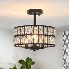 a chandelier hanging from the ceiling in a room with a potted plant