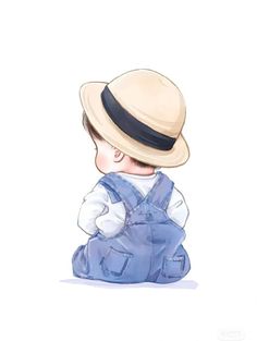 a drawing of a little boy in overalls and a hat sitting on the ground