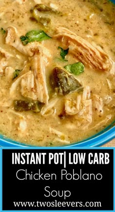 chicken poblano soup in a bowl with the words instant pot low carb