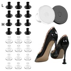 a pair of black high heeled shoes next to an assortment of screws