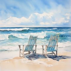 two chairs sitting on the beach facing the ocean