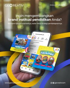 a person holding up a cell phone with an ad on the screen that says, what is your brand institsui pendikan ananda?