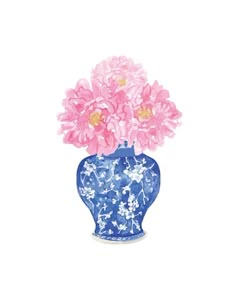 a blue and white vase with pink flowers in it