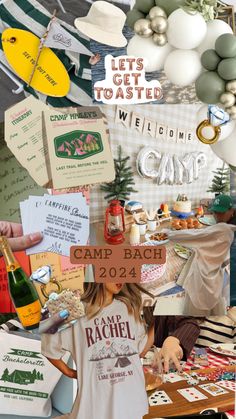 a collage of photos with various items and words on them, such as cards