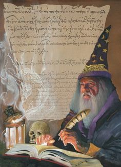 an old wizard reading a book next to a skull