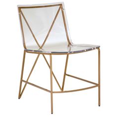 a white and gold chair with a glass seat cover on it's backrest