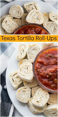 there is a white plate with tortilla rolls on it and the words texas roll - ups above it